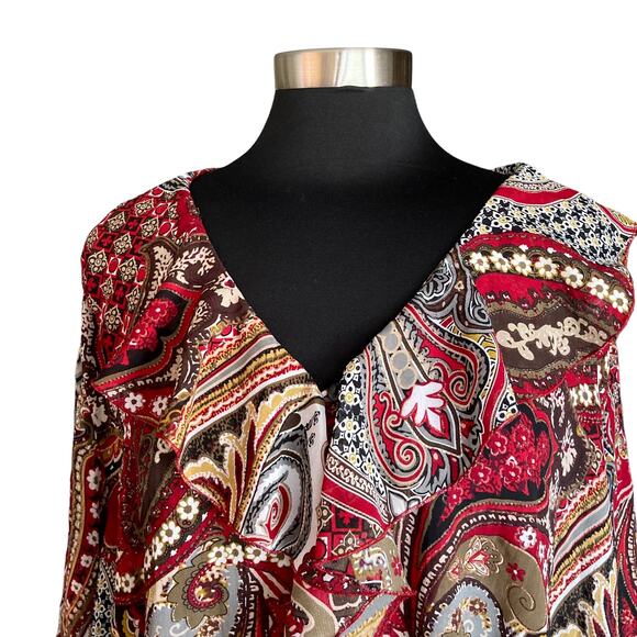 Dressbarn Burgundy Gold Paisley Print Ruffled Collar Chiffon Blouse Size 2X Fall - Picture 2 of 10